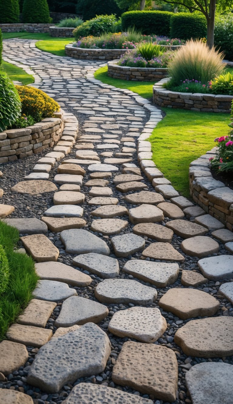 A garden scene with several cobblestone walkways surrounded by grass, flowers, and shrubs.